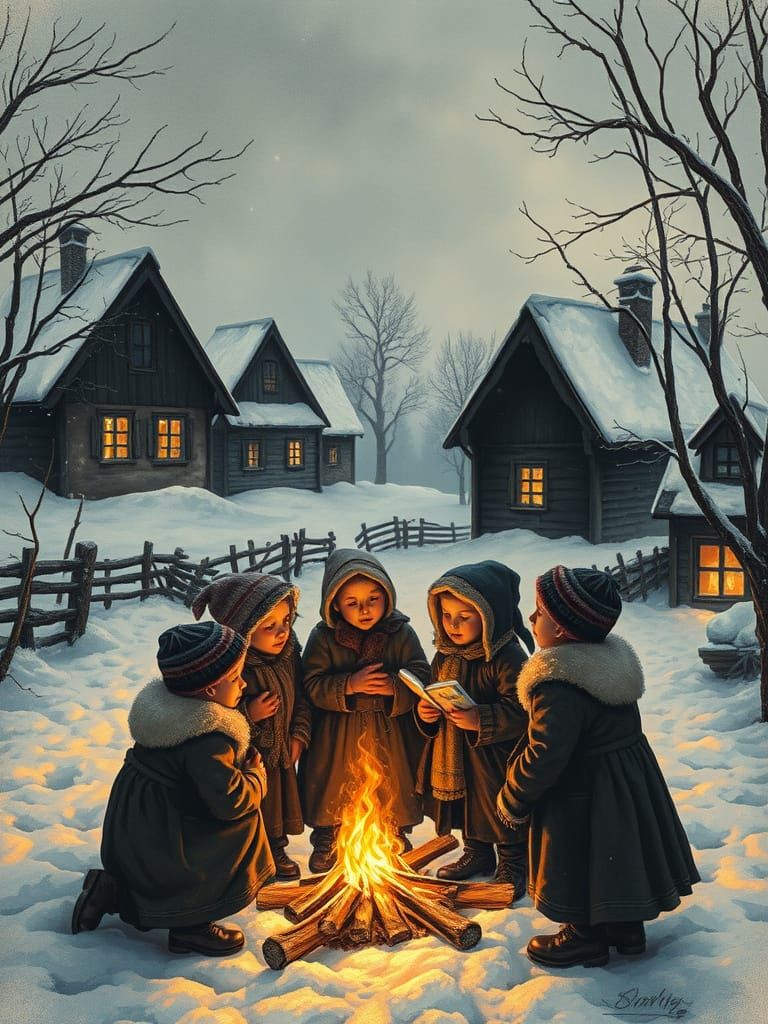 Snowy Village Bonfire: A Classic Painting