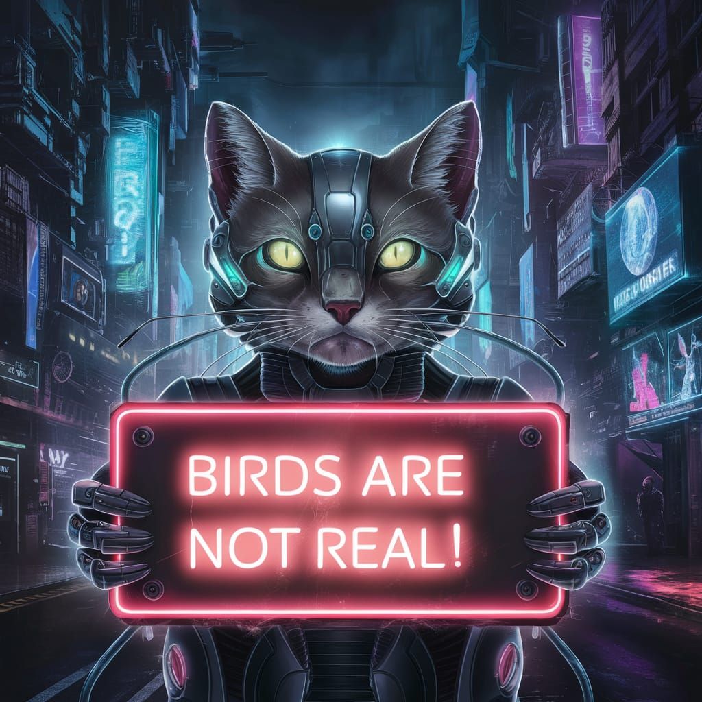 Cyborg Cat Conspiracy in Cyberpunk Cityscape
