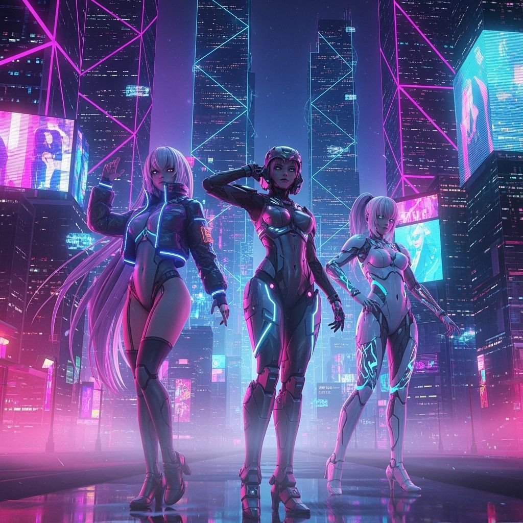 Cyberpunk Androids in Neon Cityscape
