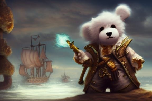 Anthropomorphic fluffy white teddy bear pirate on deck of pirate ship