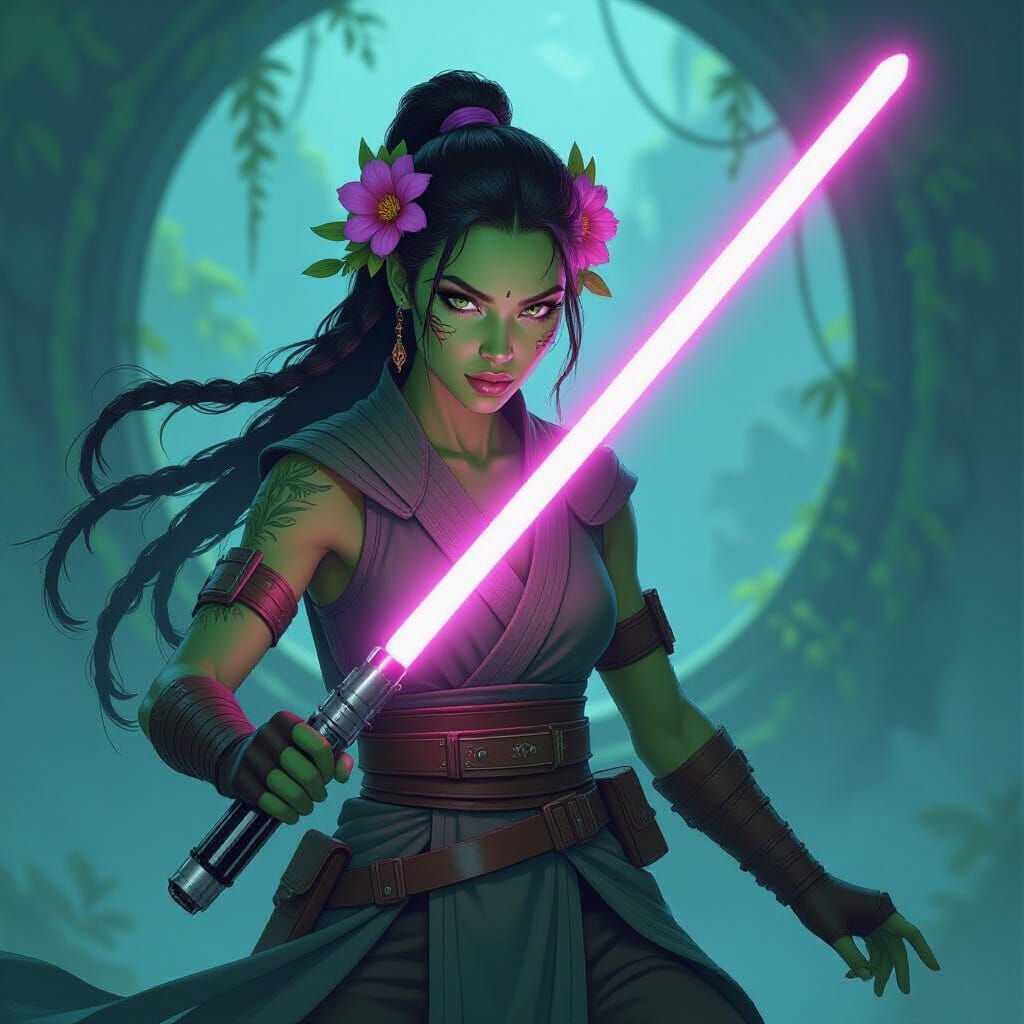 Green-Skinned Jedi with Purple Lightsaber in Digital Art