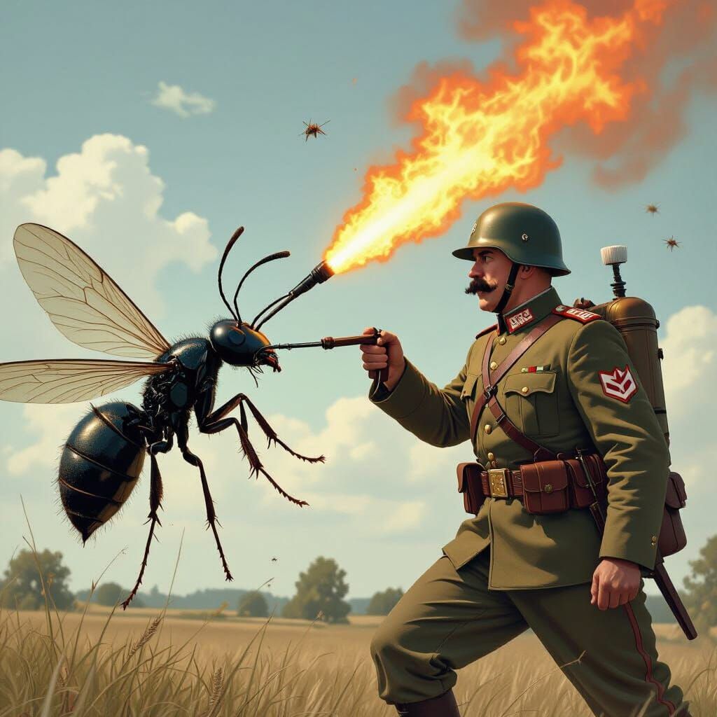 German Soldier Attacks Giant Ant with Flamethrower