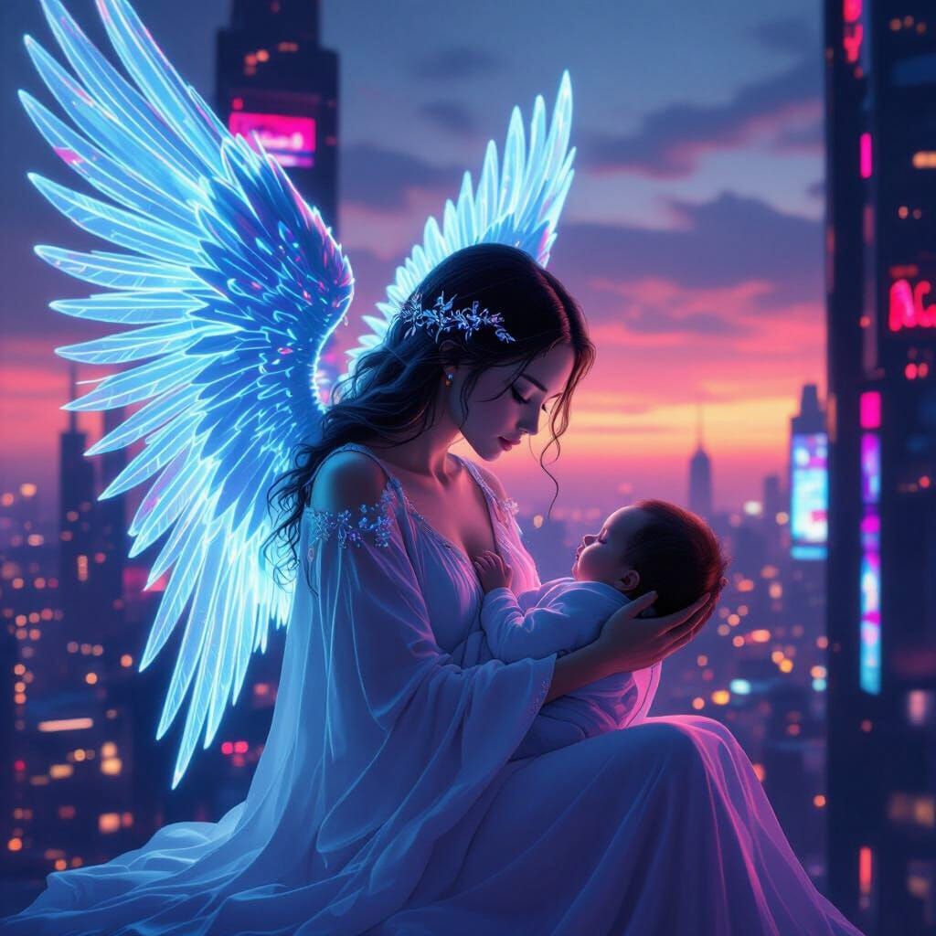Neon Angel Holds Baby in Futuristic Cityscape