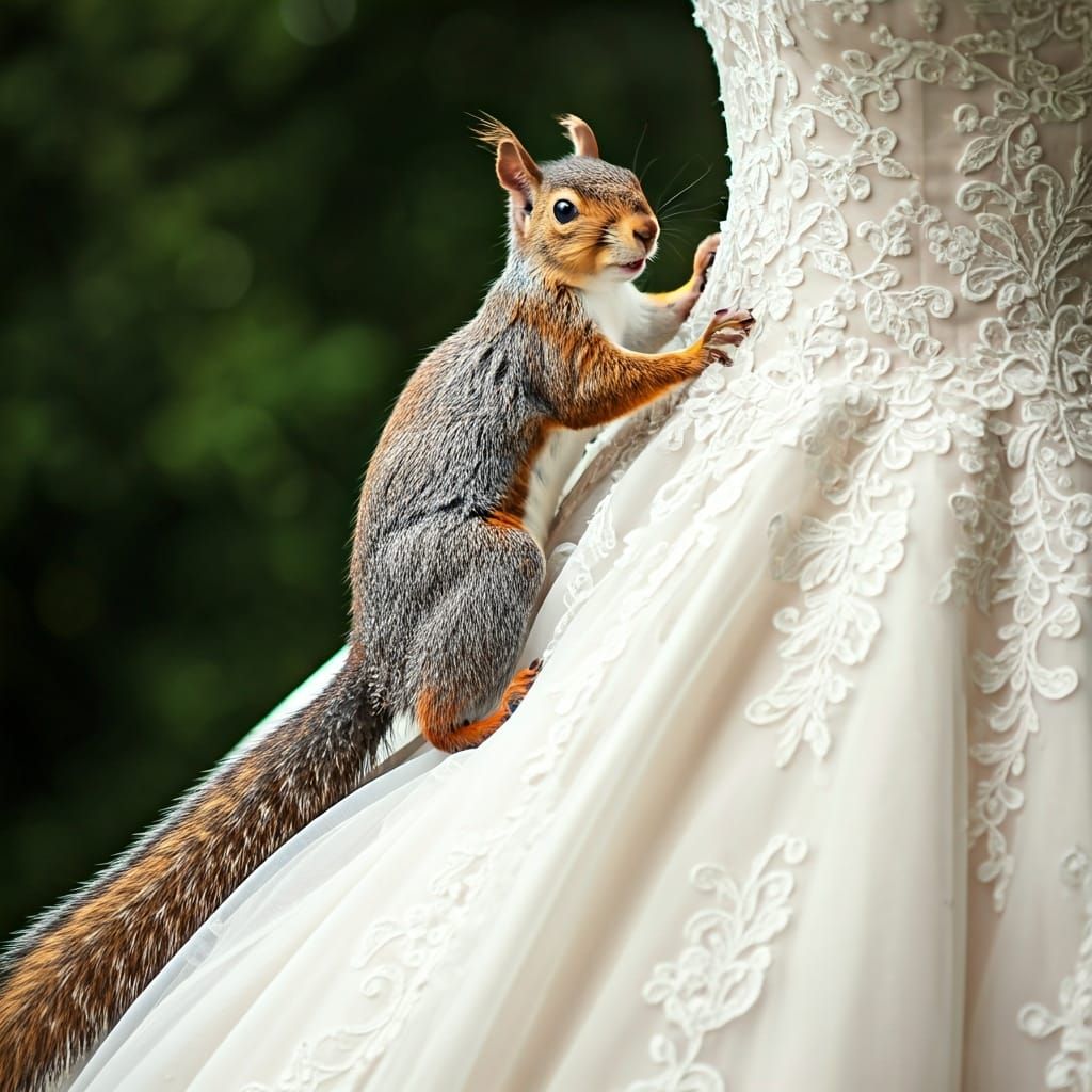 Squirrel Climbs Wedding Dress in Storybook Scene