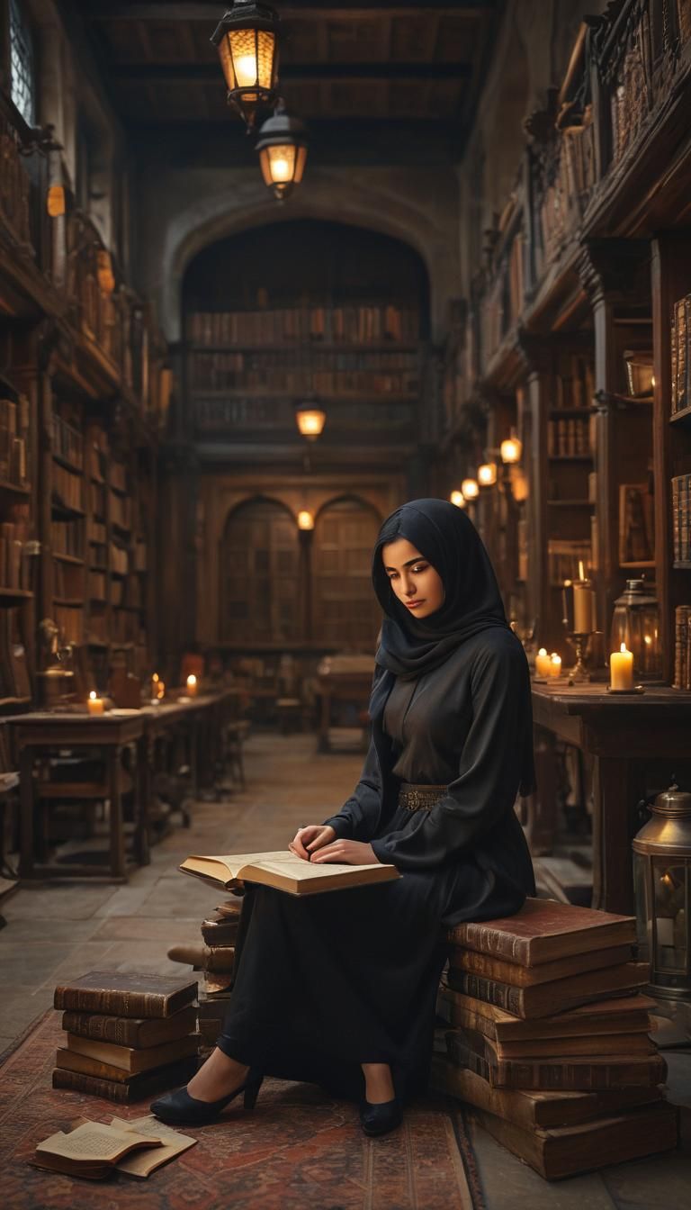 Alluring Arabic Girl Reading in a Rustic Library