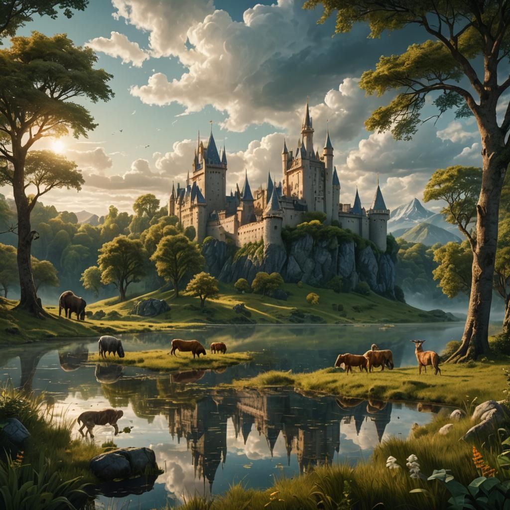 Wild Animals Grazing Near Castle: Digital Matte Painting