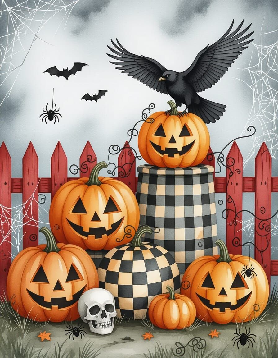 Halloween Pumpkins with Crow in Watercolor Style