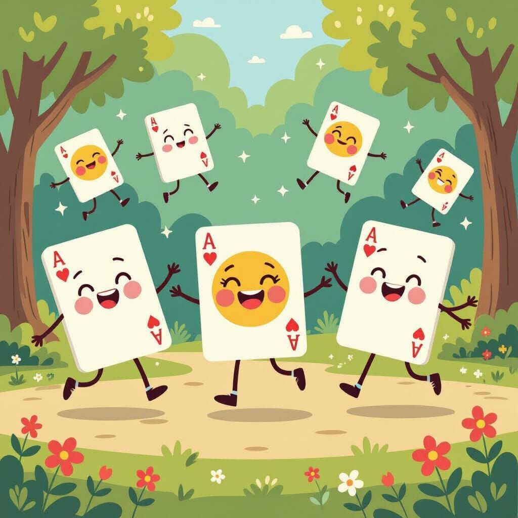 Whimsical Playing Cards Chase in Storybook Style