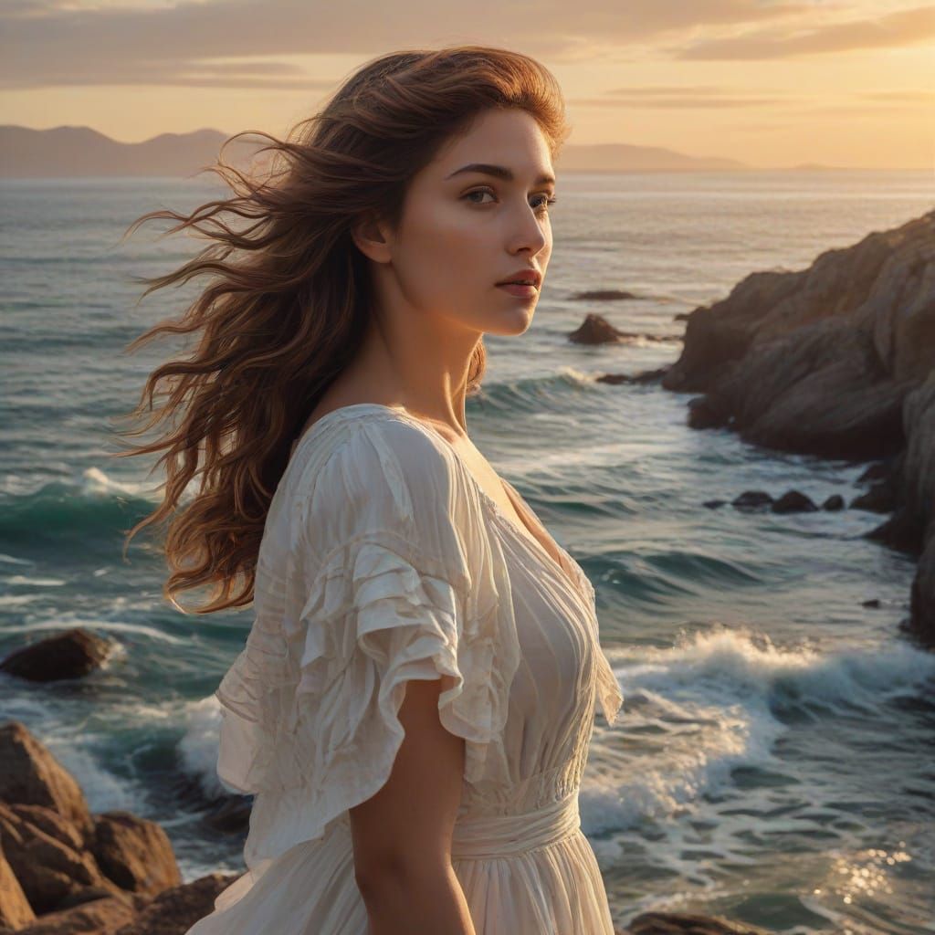 Romantic Woman on Rugged Coastline in Sunset Glow