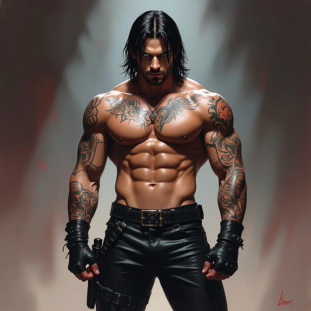 Muscular Tattooed Man in Leather Pants