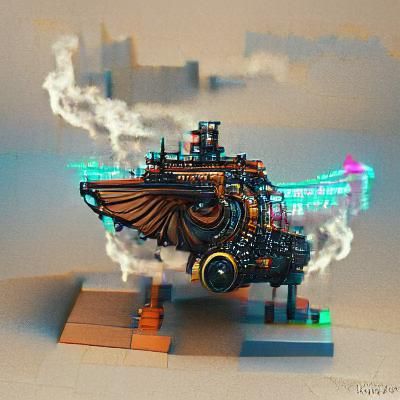 Steampunk Flying Ship in Cyberpunk Cityscape