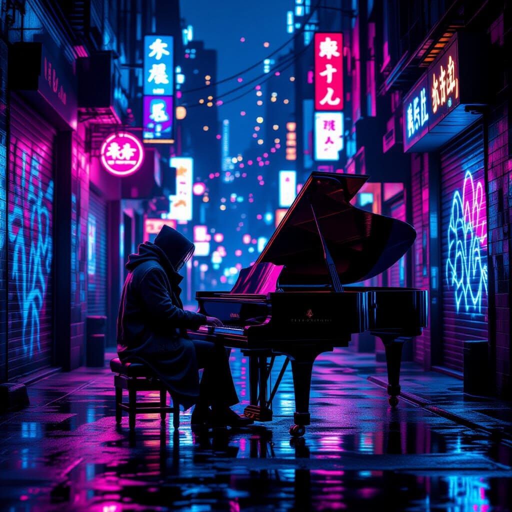 Cyberpunk Musician in Neon Alleyway