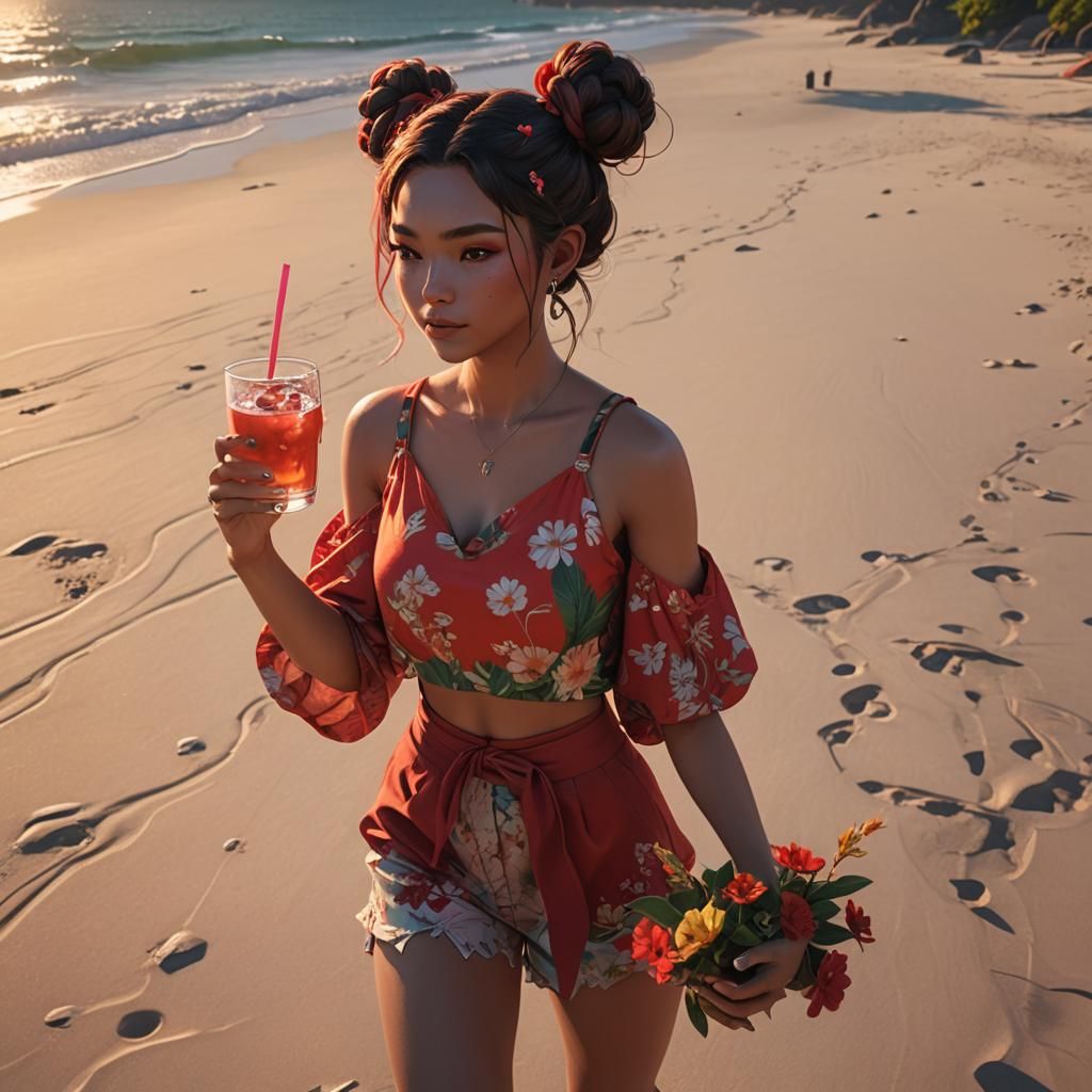 Cute Girl on Sunset Beach: Fantasy Concept Art