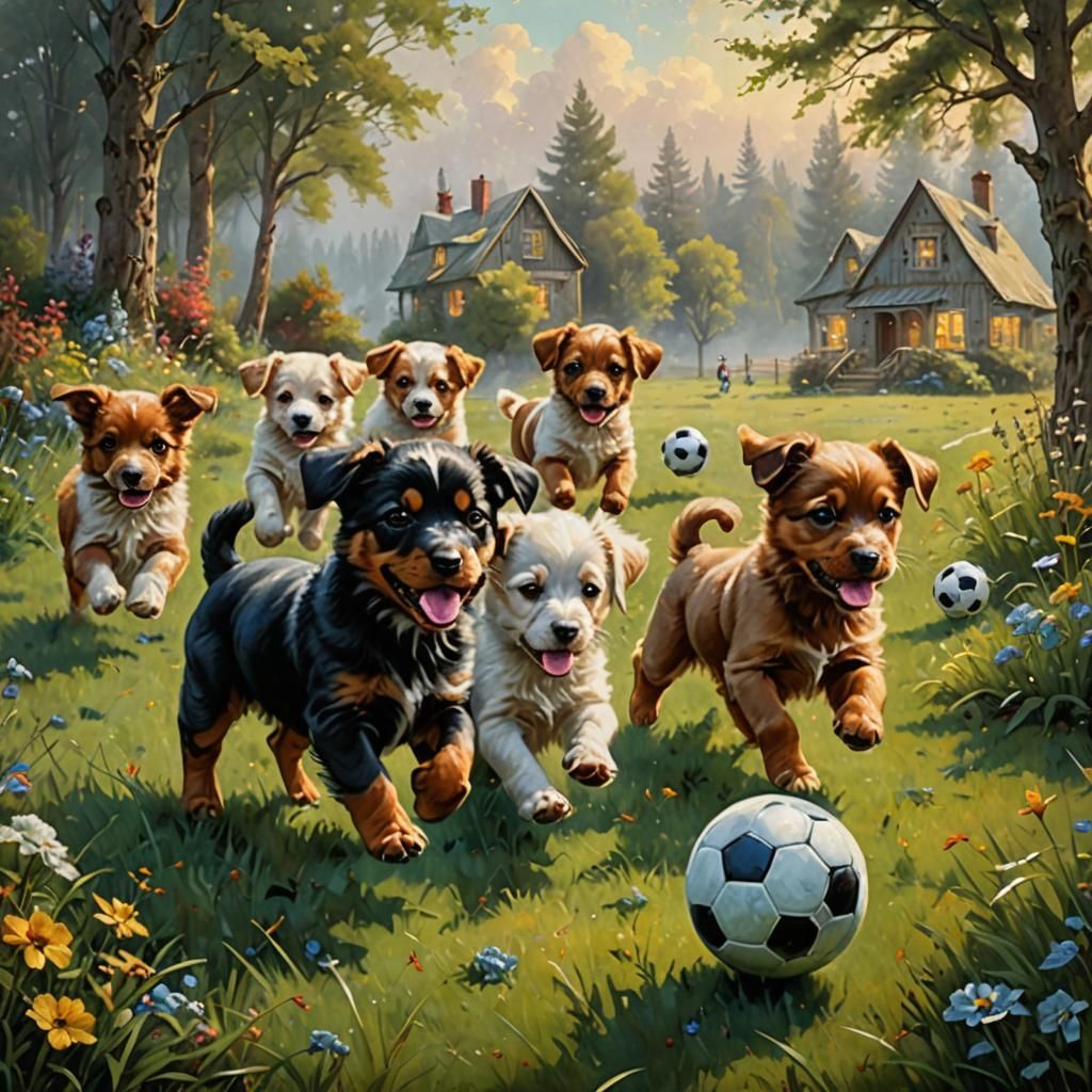 Puppies Play Soccer in Ethereal Oil Painting