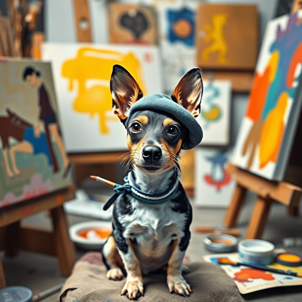 Rat Terrier as Artist in Hockney Style