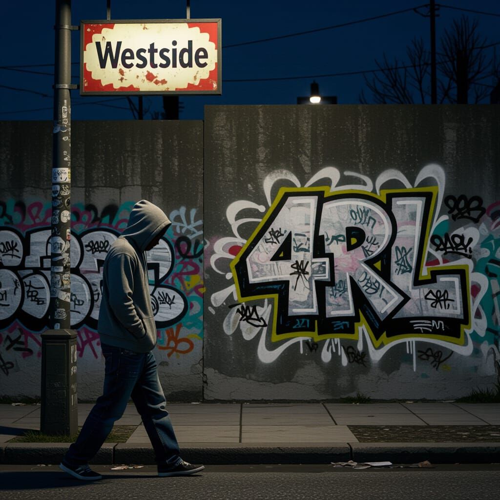 African Boy Walks City Street in Gritty Realism Style