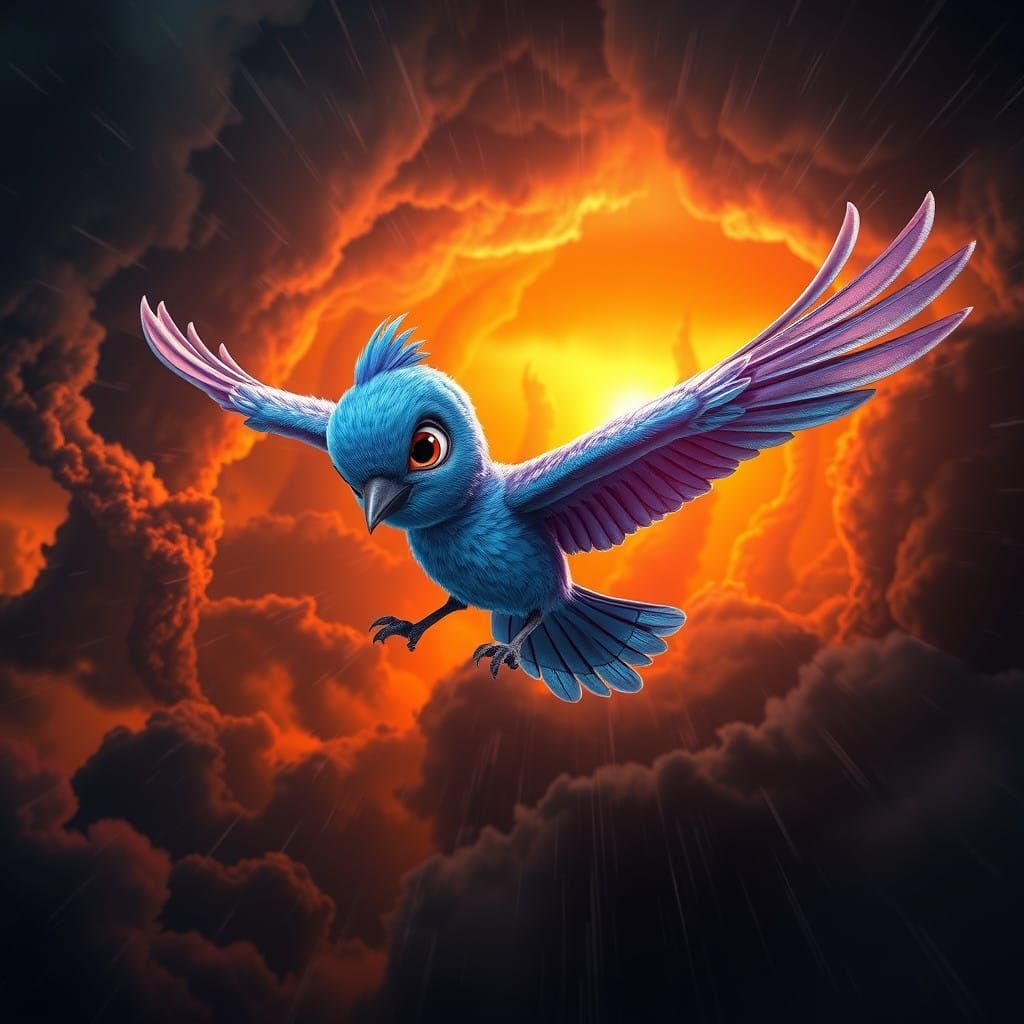 Vibrant Blue Bird Soars Through Turbulent Stormy Skies