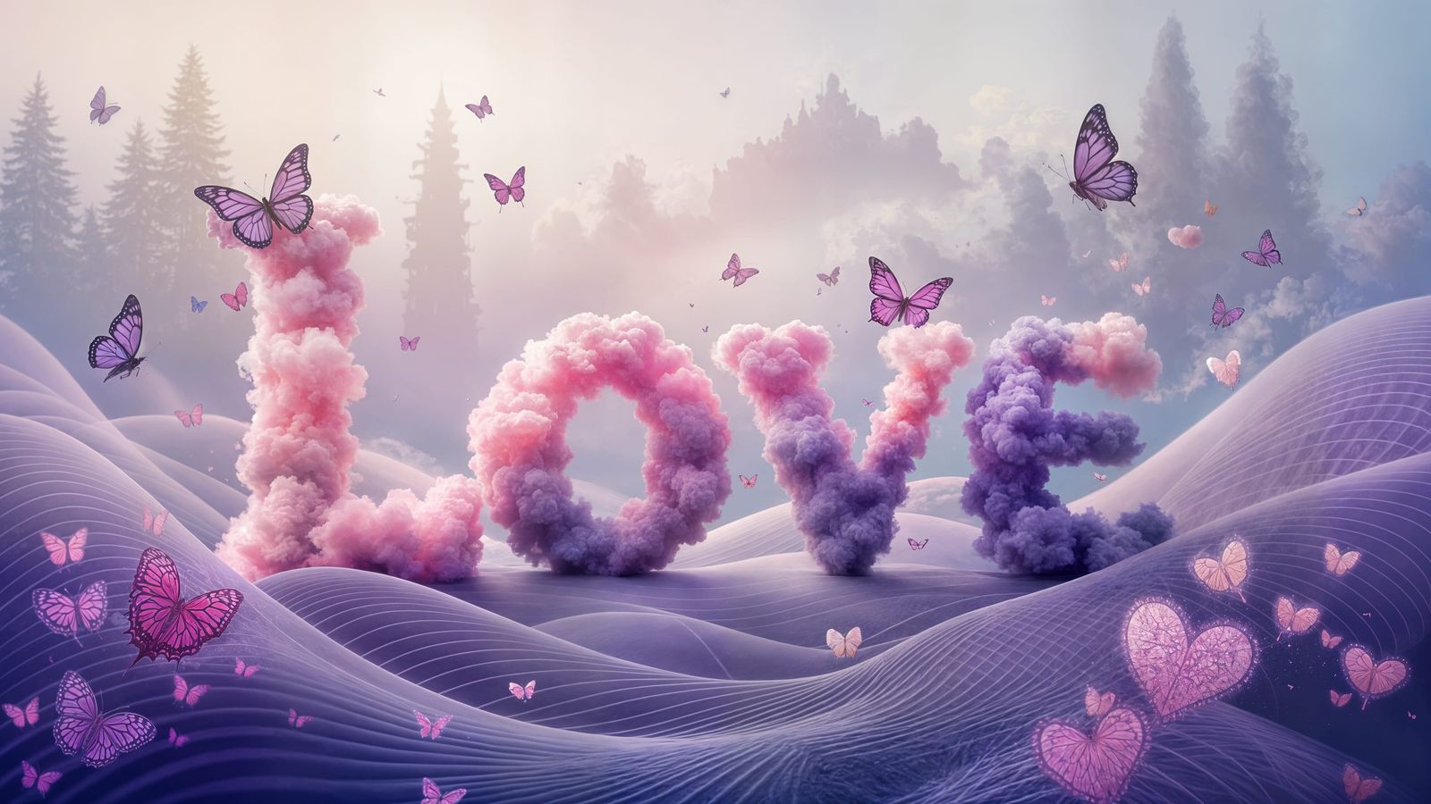 Love Heart in Clouds Surrounded by Butterflies