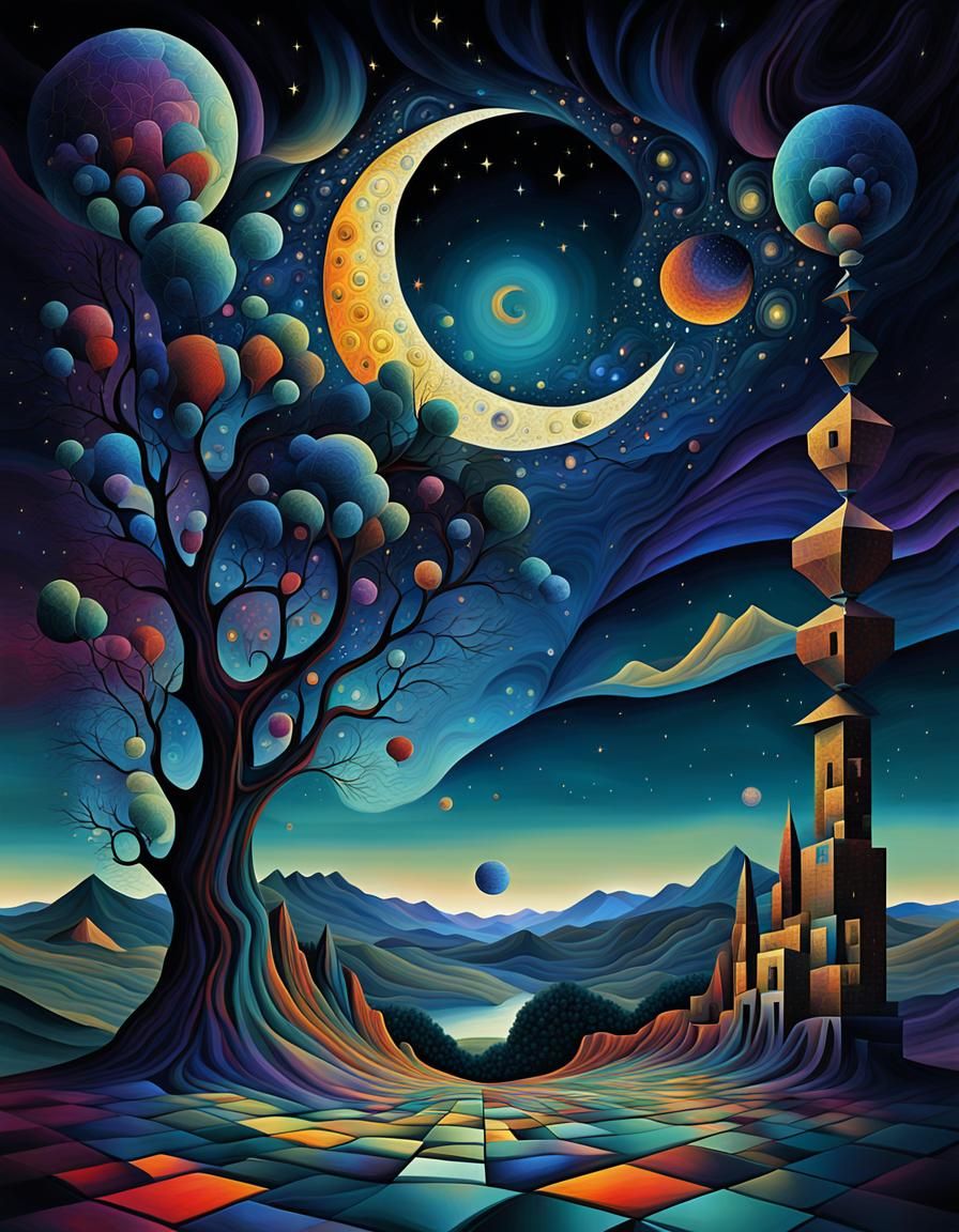 Surreal Cubist Dreamscape with Jewel Tones