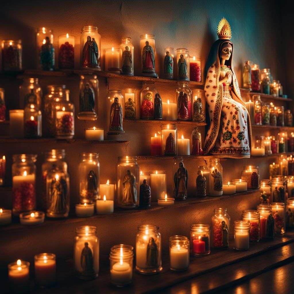 Skeleton Barbie as Guadalupe with Candles