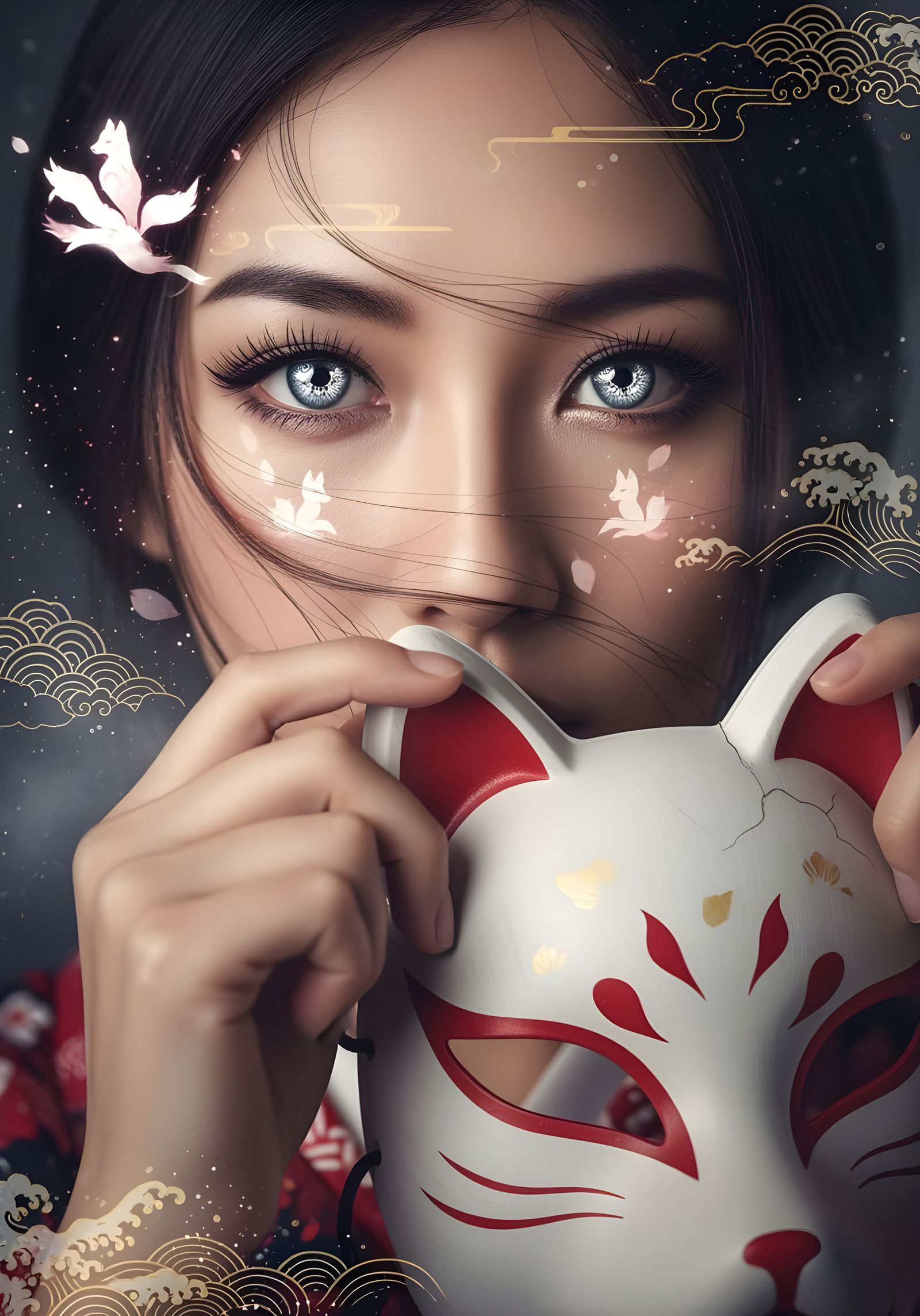Realistic Japanese Woman Removing Kitsune Mask with Ethereal...