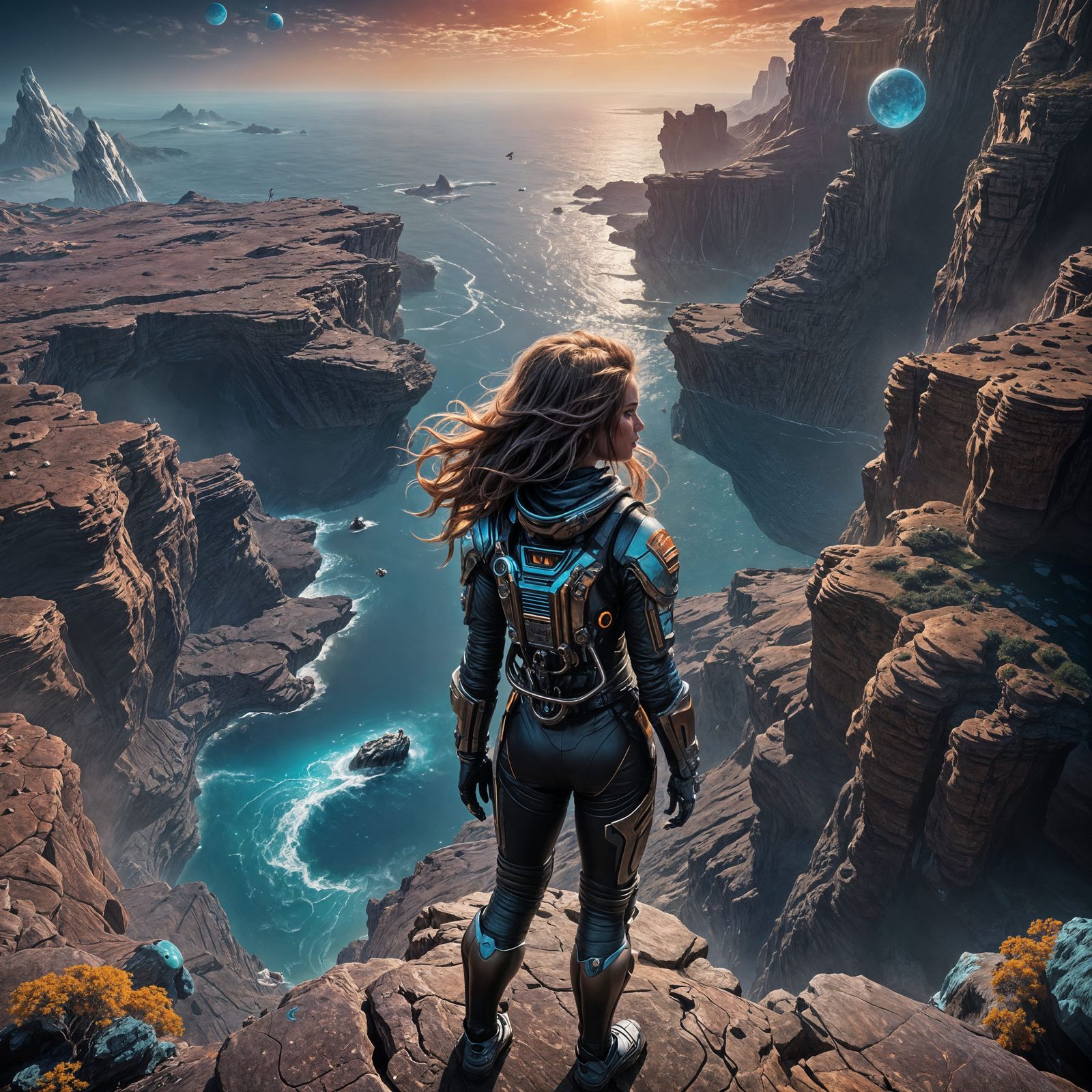 Girl on Neptune Cliffside in Detailed Matte Painting