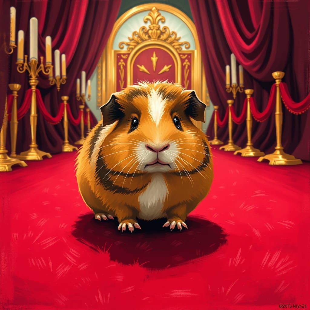 Surreal Guinea Pig Struts Down Crimson Red Carpet in Vibrant...