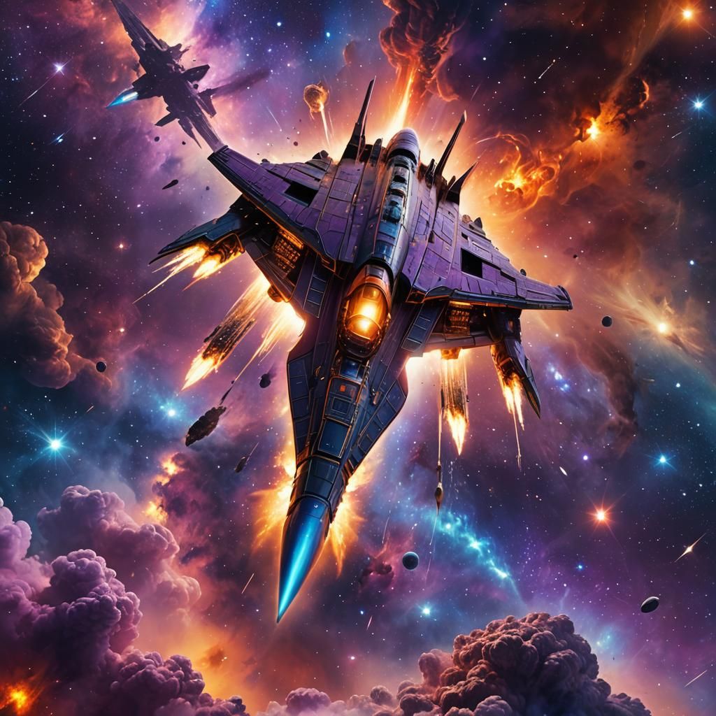 Spaceship Soaring Through Nebula: Digital Matte Painting