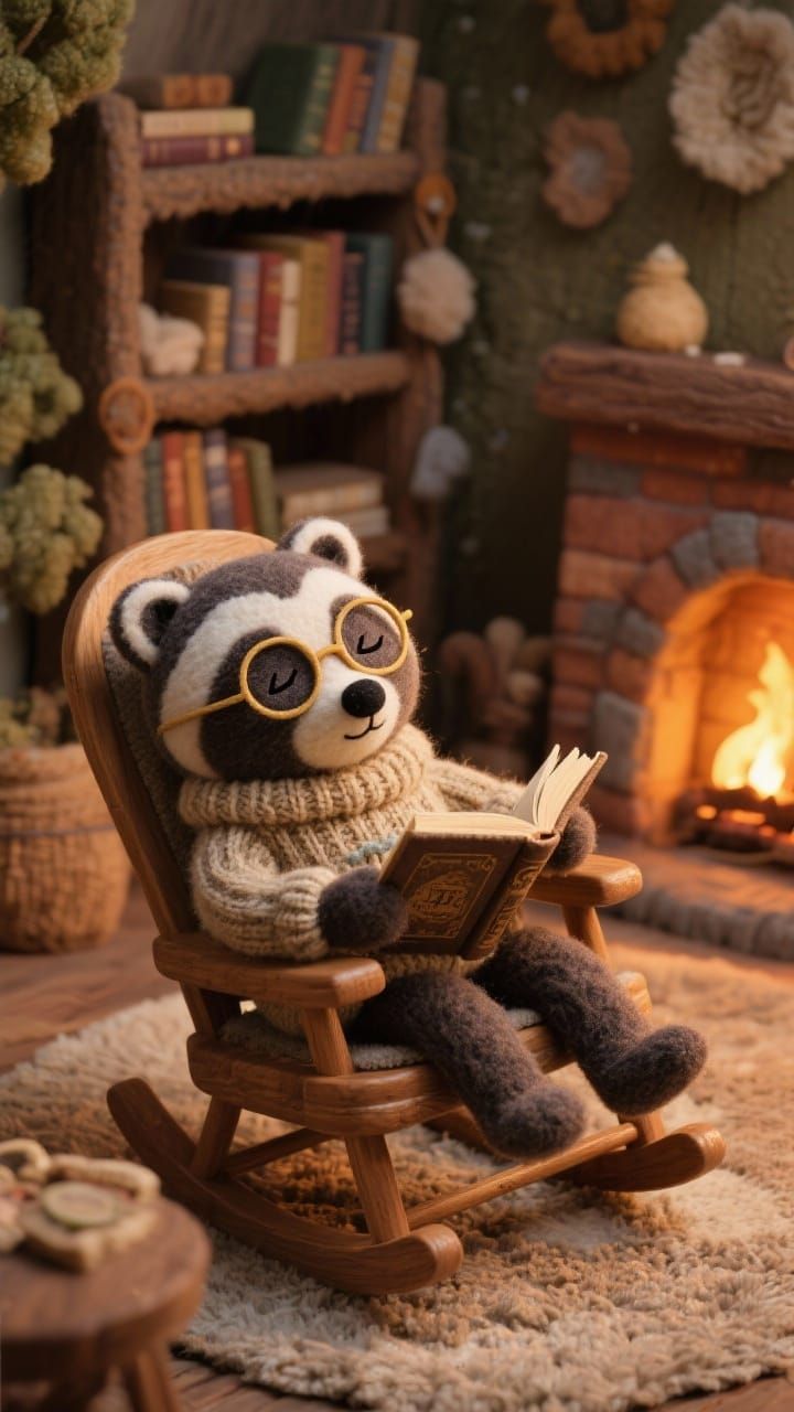 Sleepy Felt Badger Reads by Cozy Fireplace