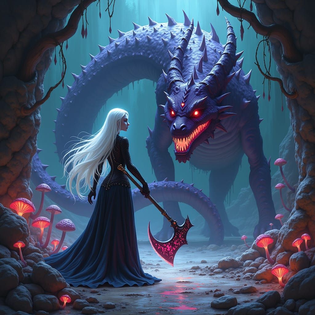 Dark Drow Warrior Engages Deep Purple Dragon in Luminous Bat...