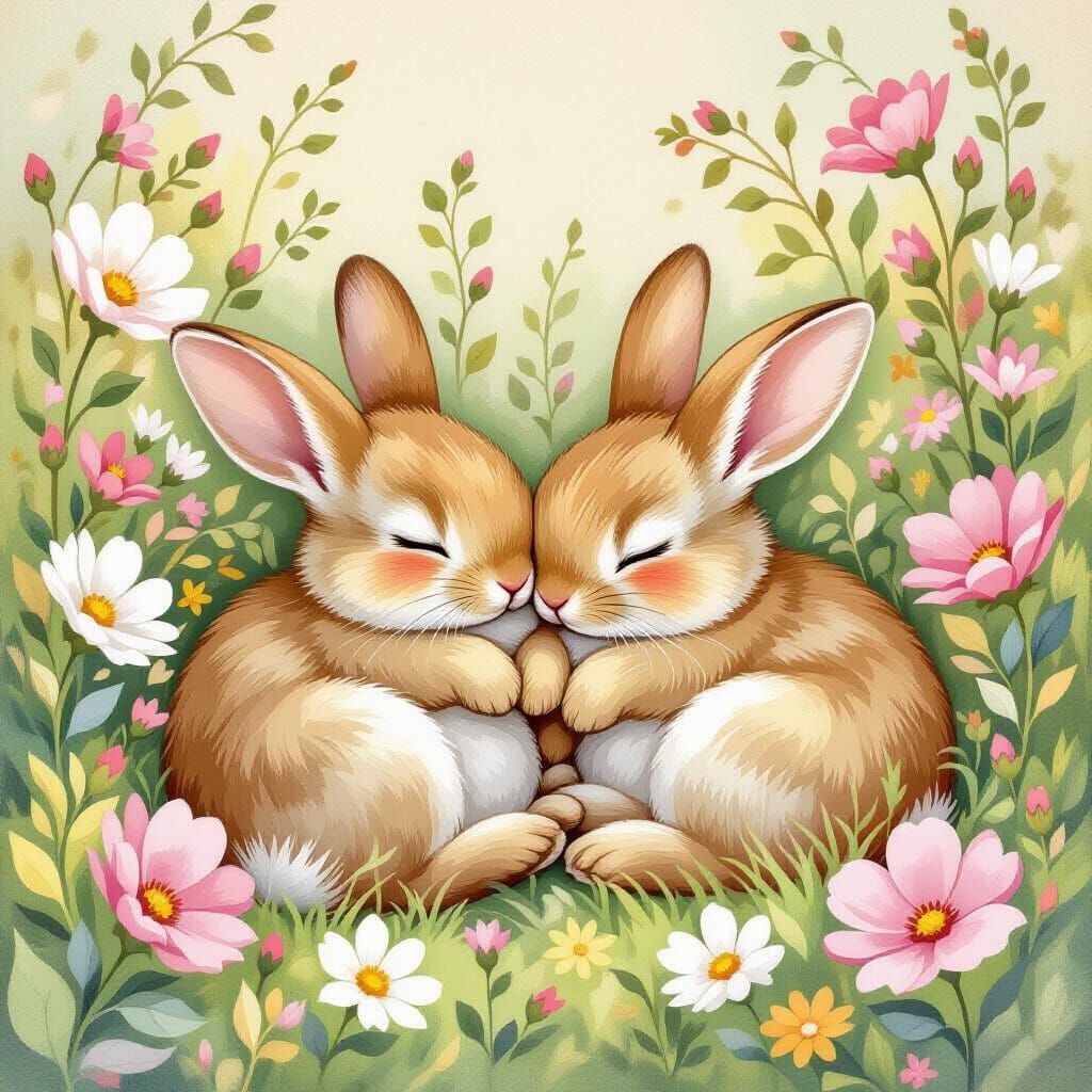 Sleeping Baby Bunnies in a Flower Garden
