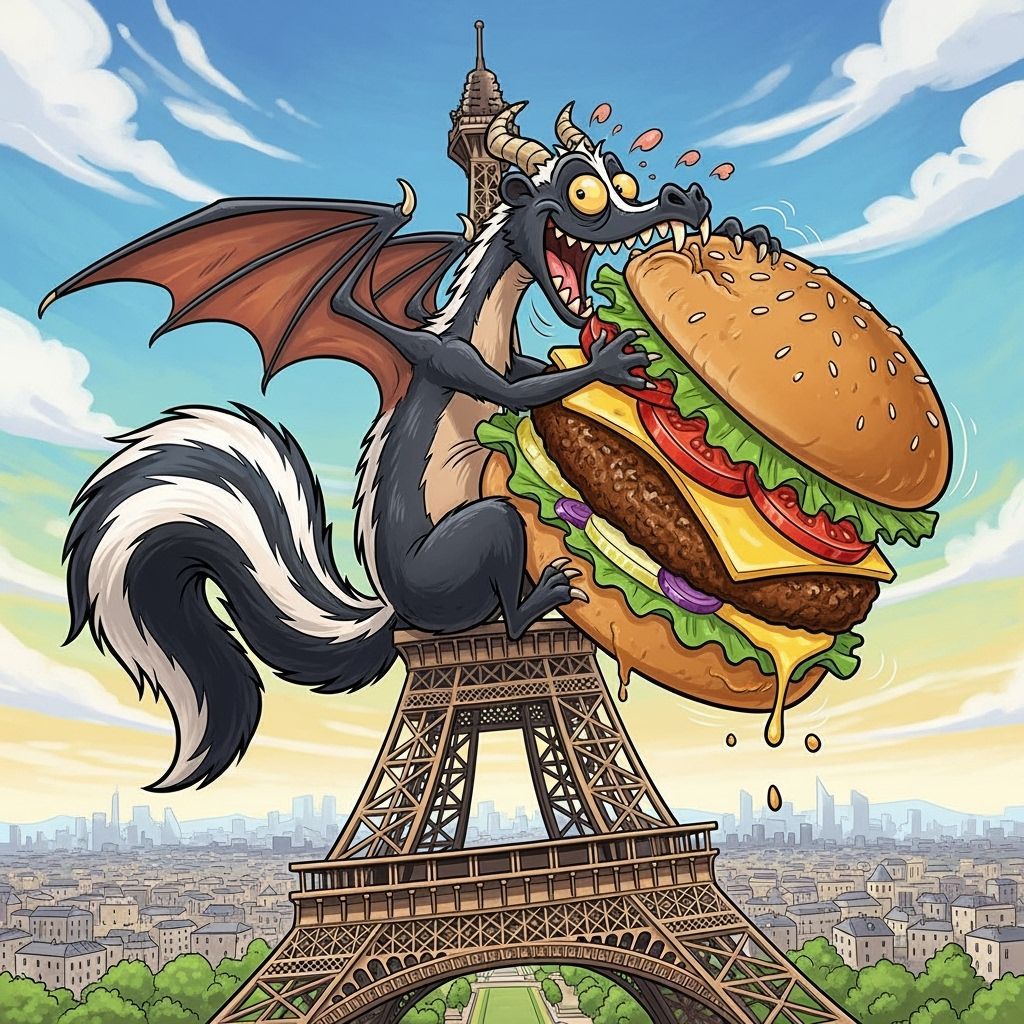 Skunk-Dragon-Hybrid creature eating a hamburger on top of th...