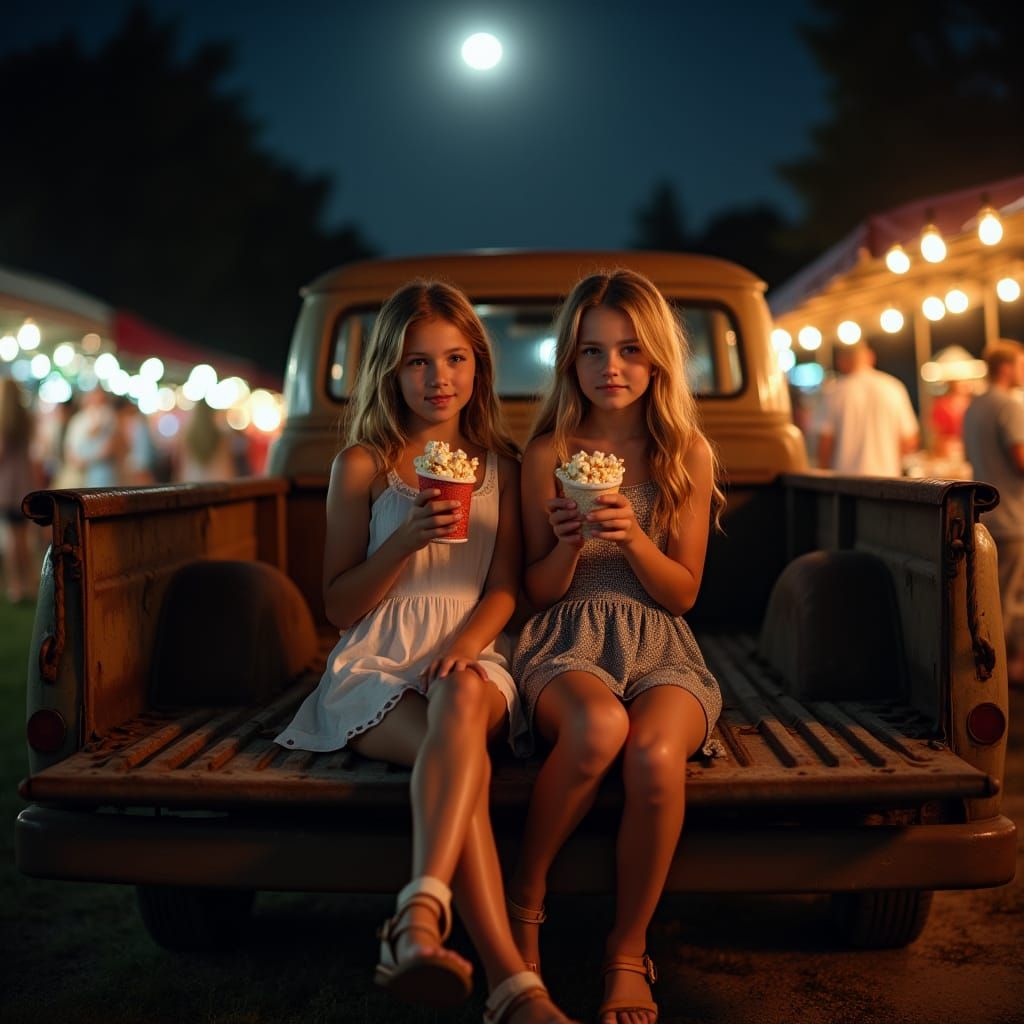 Girls at Night Market Munching Popcorn
