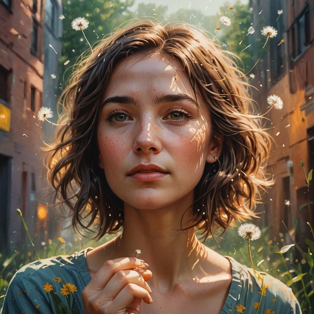 Woman with Dandelion in Hyperrealistic Splash Art