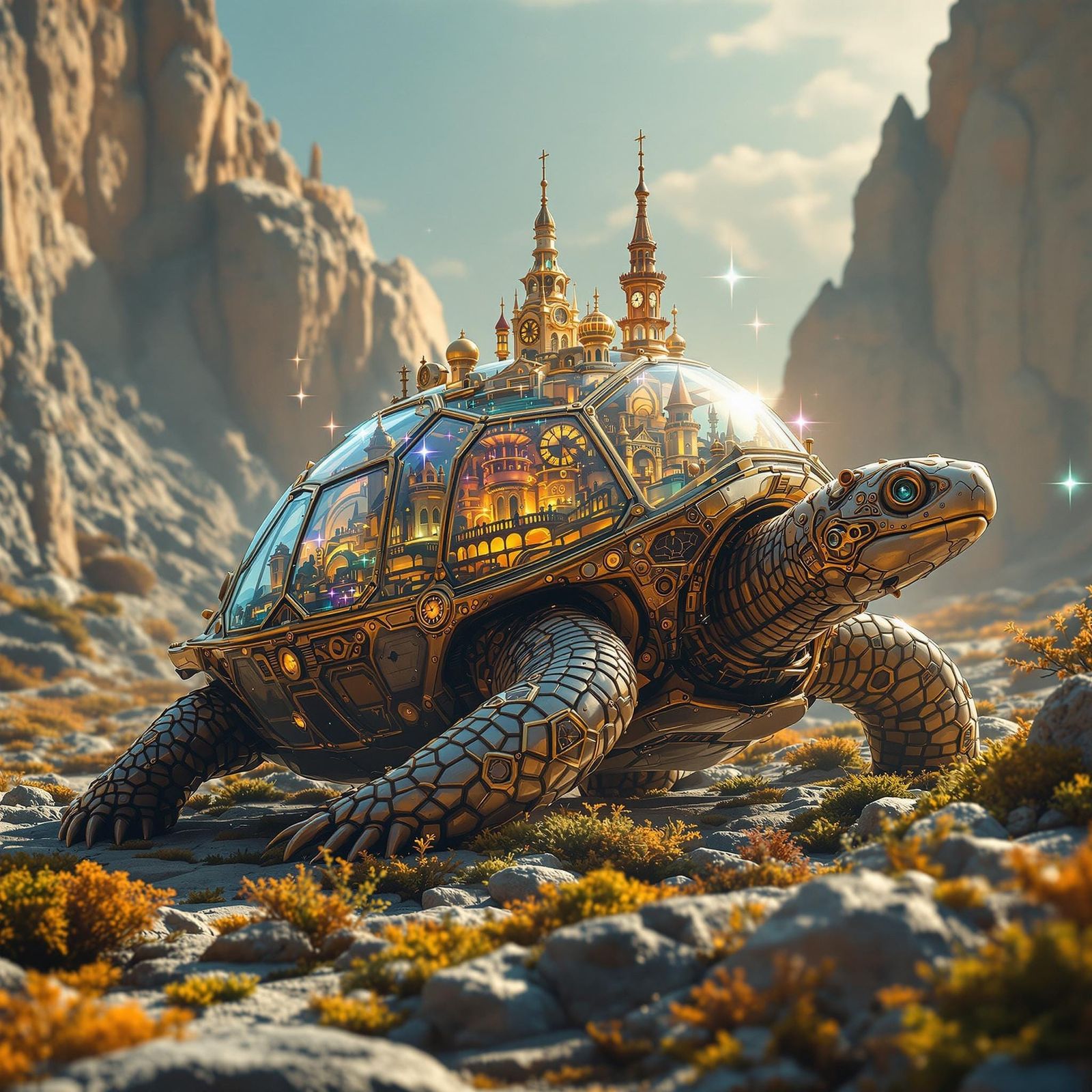 Steampunk Turtle Roams Alien Landscape in Hyperrealistic Det...