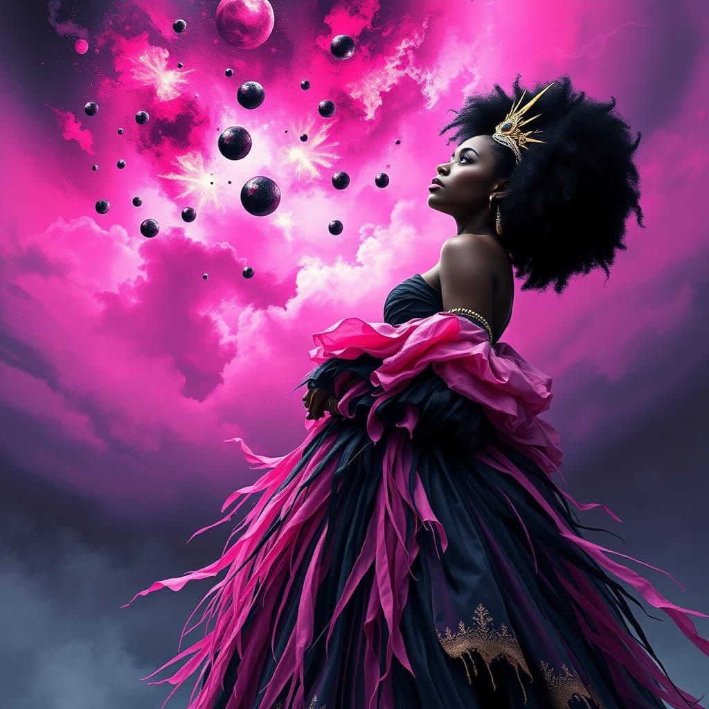 Regal Black Goddess Amidst Aurora Borealis