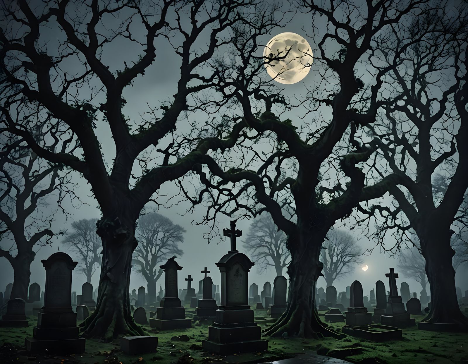 Foggy Full Moon Over Old European Cemetery