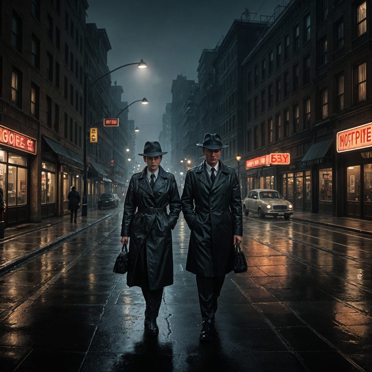 Noir Detective Holds Glowing Artifact in Rainy City