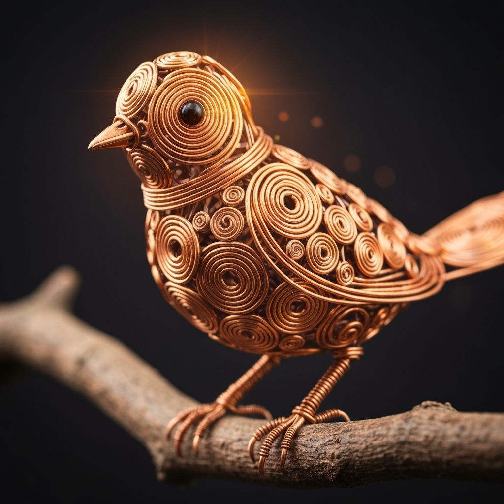 Copper Wire Bird Perched on Branch, Studio Macro Photograph