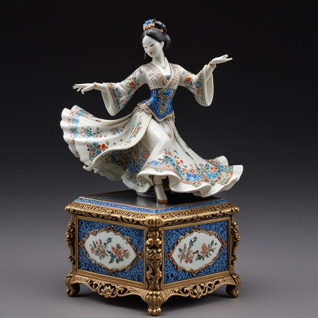 Ornate Music Box with Asian Dancer Figurine