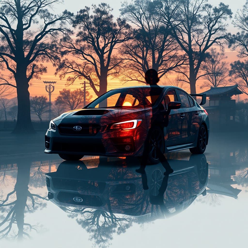 Surreal Double Exposure: Transparent STI Silhouette