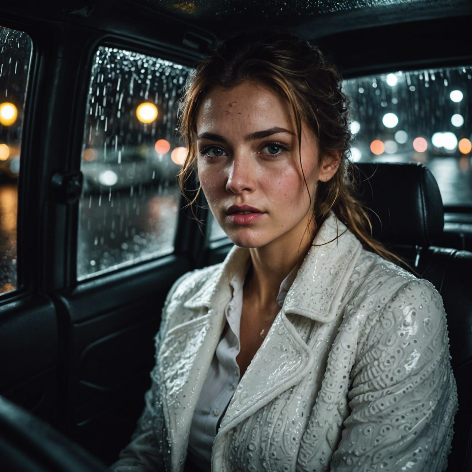 Hyperrealistic Woman in Taxi During Rainy Night