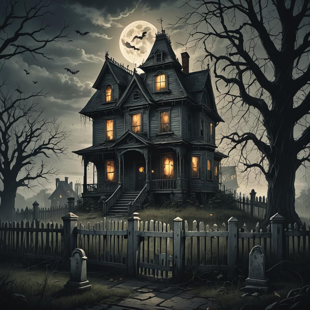 Ominous Haunted House with Floating Ghosts: Cinematic Art