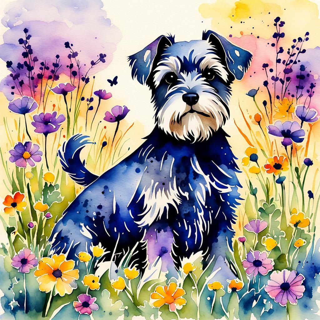 Miniature Schnauzer Puppy in Watercolor Floral Meadow