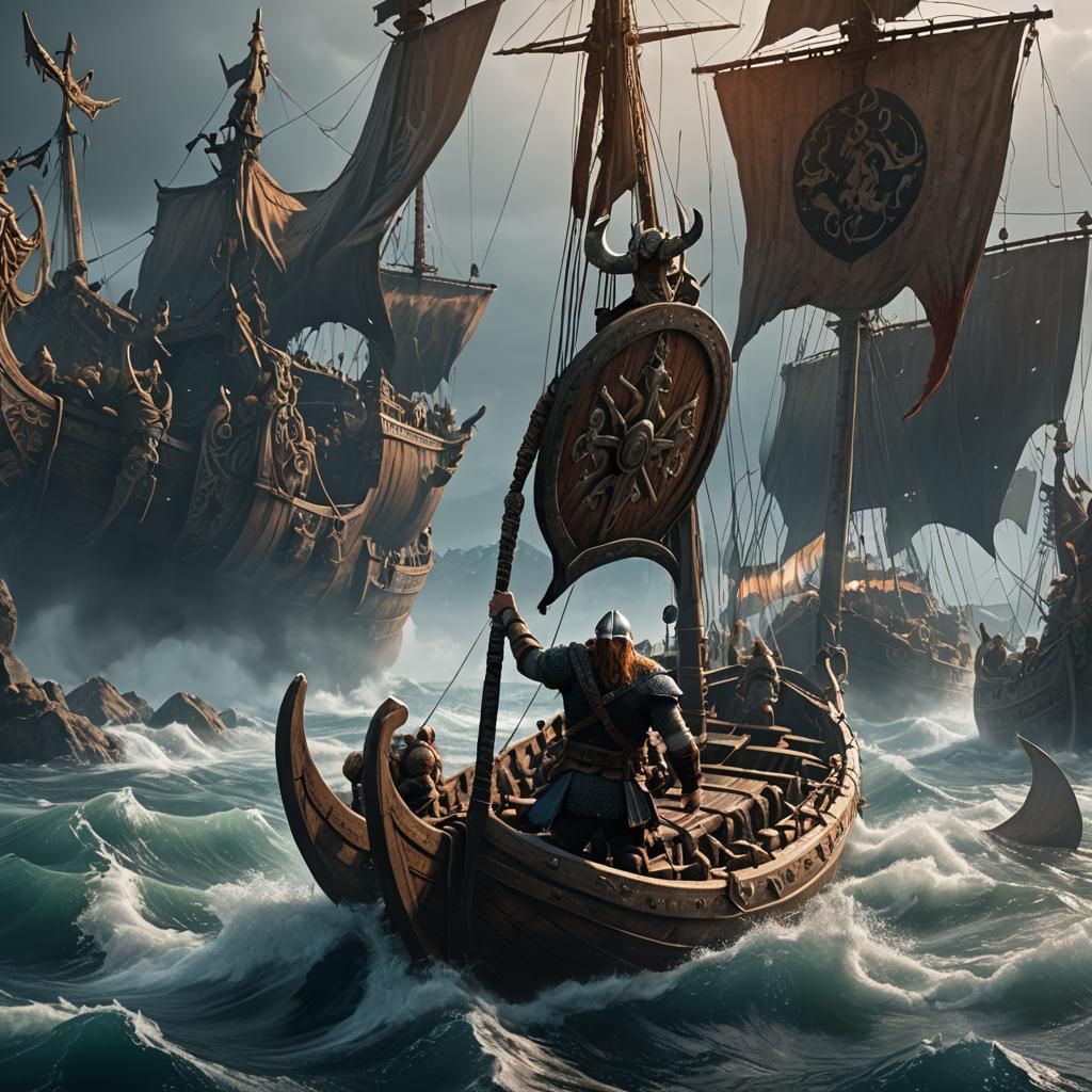 Viking Drakkar Ship at Sea in 3D Style