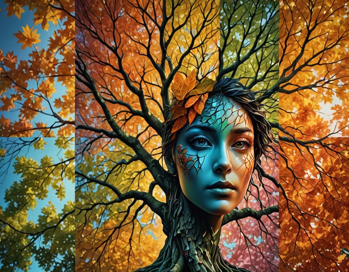 Four Seasons Tree: Vivid Digital Art Portrait