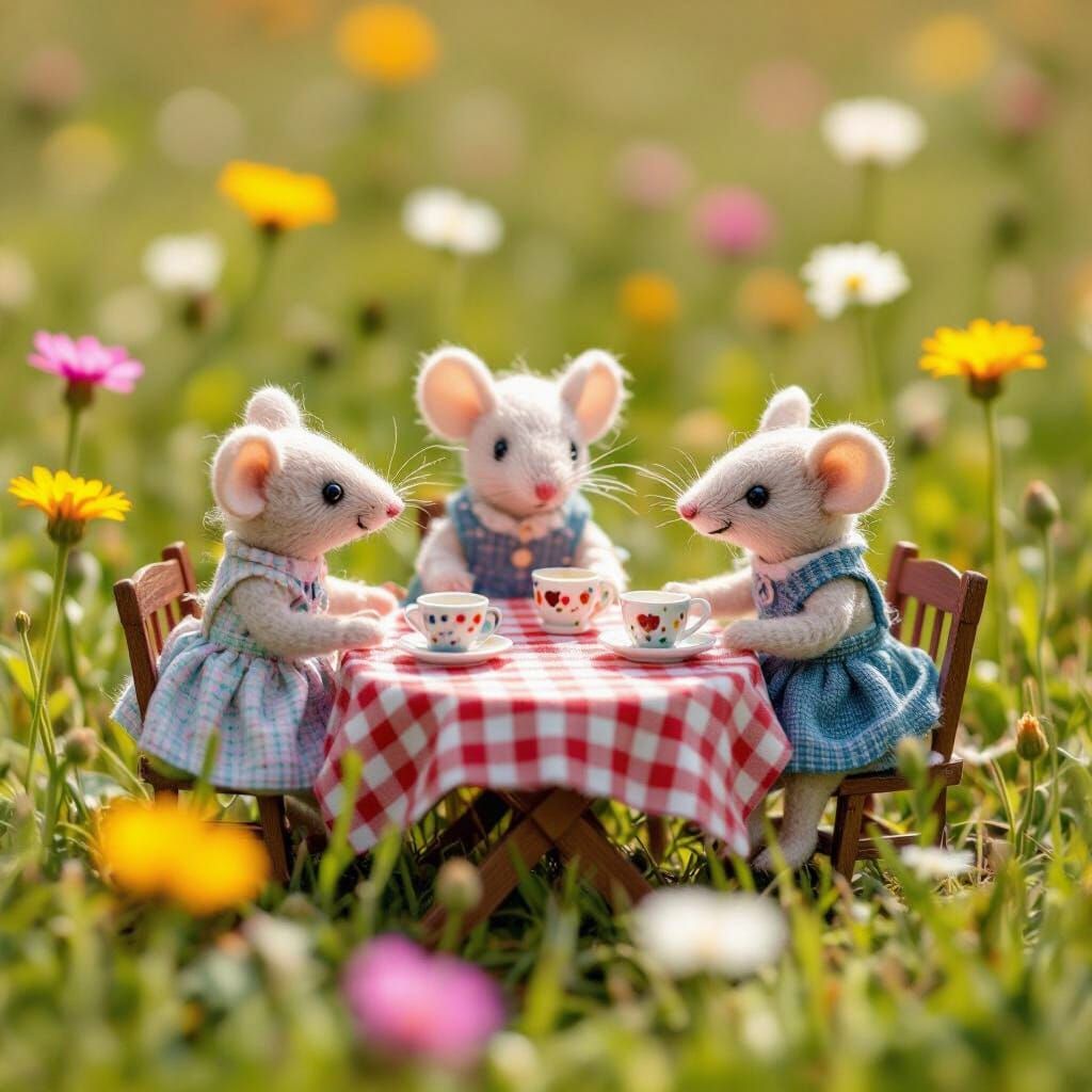 Miniature Felt Mice Picnic in Sun-Drenched Meadow