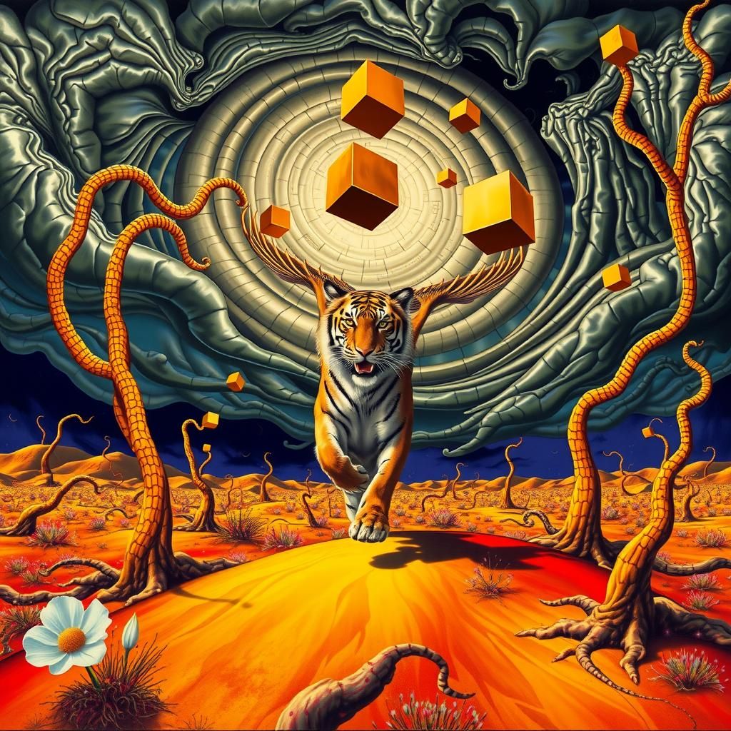 Winged Tiger Pulled into Surrealist Vortex