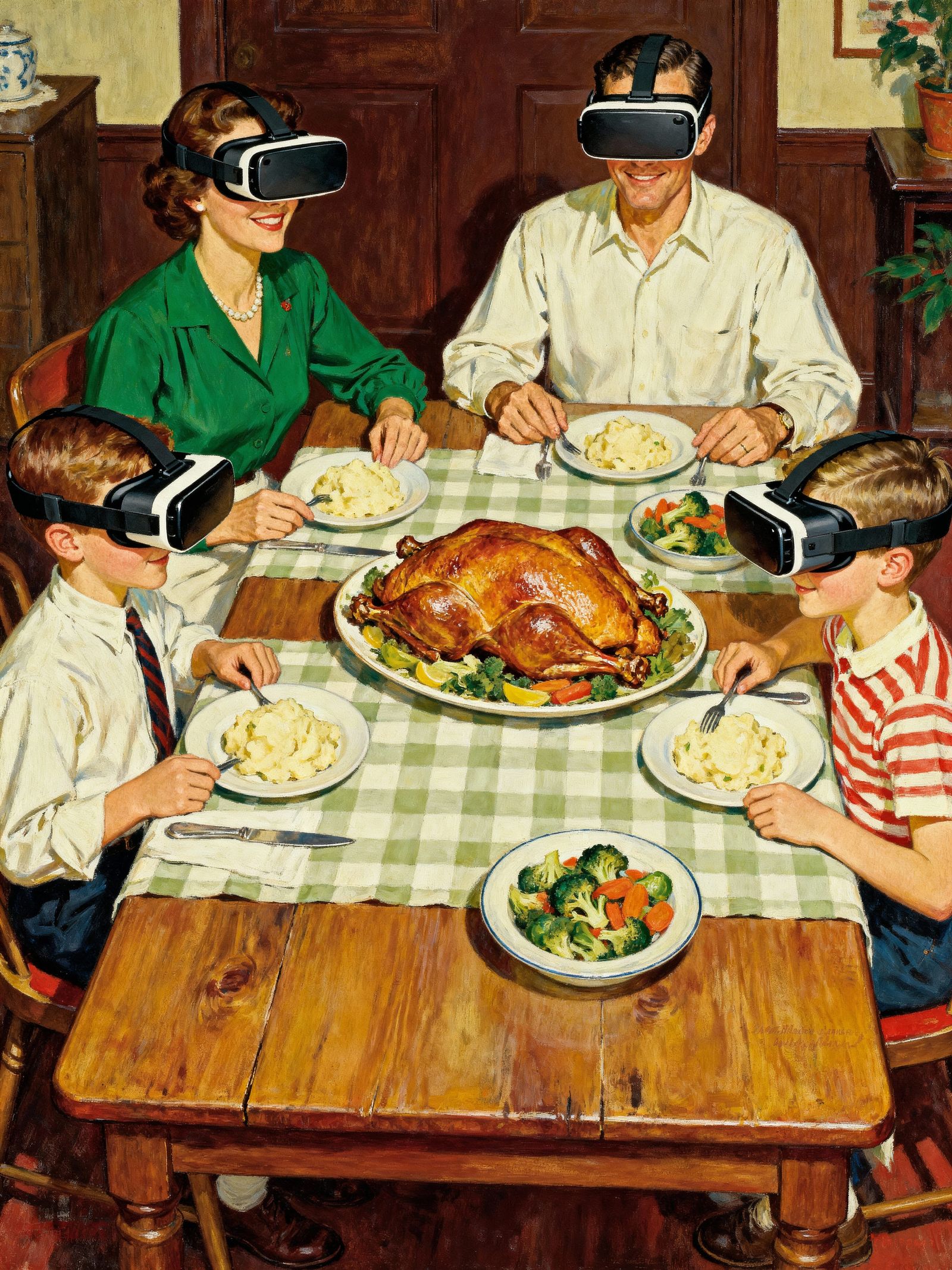 Family Dinner with VR Headsets in Norman Rockwell Style