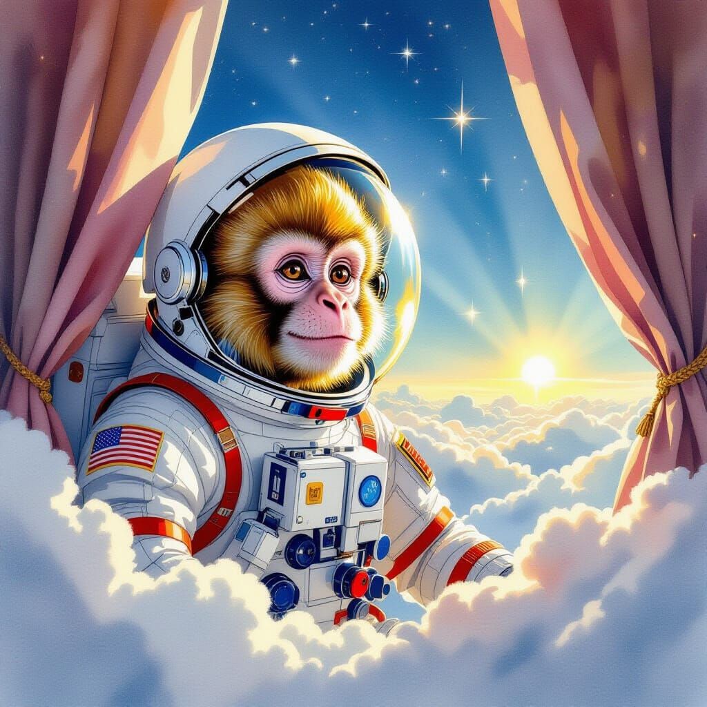 Golden Monkey Astronaut Peering Through Clouds